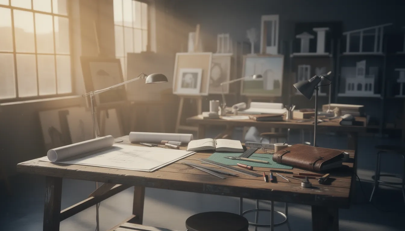 Sunlit art and design studio with drafting tables, sketchbooks, and design tools