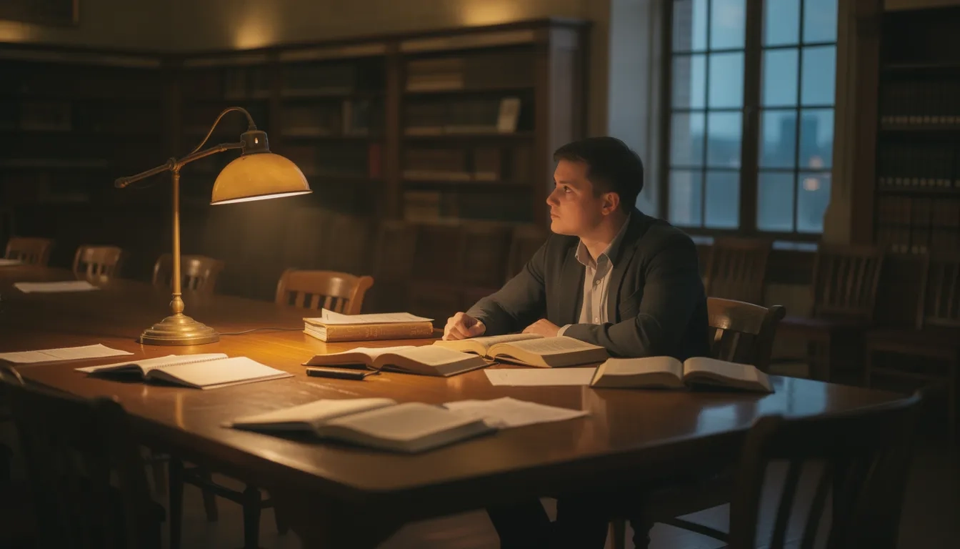 A student studying alone in a quiet library with warm lamp light