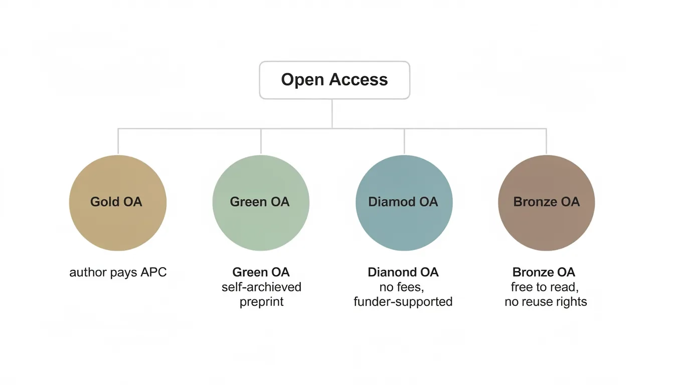 Diagram illustrating the four main open access publishing models: Gold, Green, Diamond, and Bronze