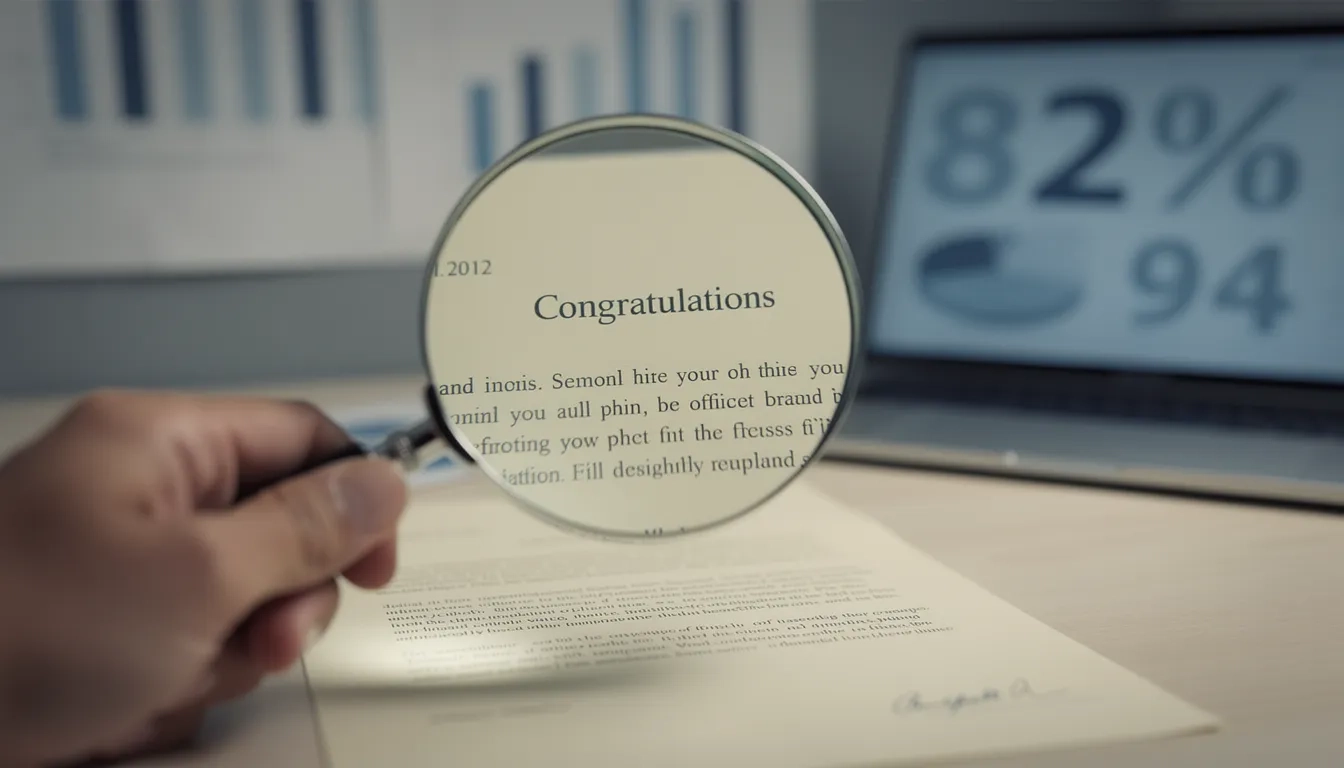 A magnifying glass over a college acceptance letter with statistics in the background
