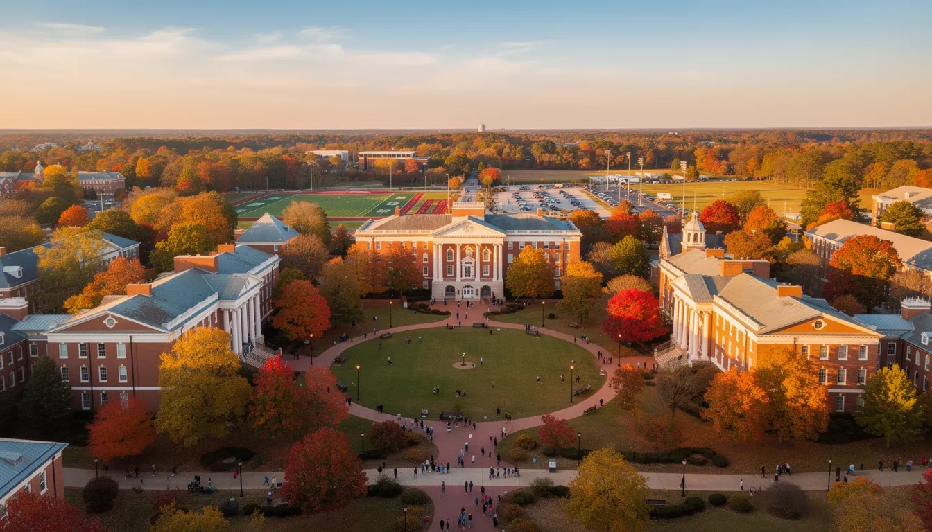 Aerial view of a North Carolina university campus in autumn