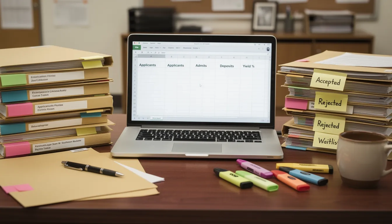 College admissions office with application folders and yield tracking spreadsheet
