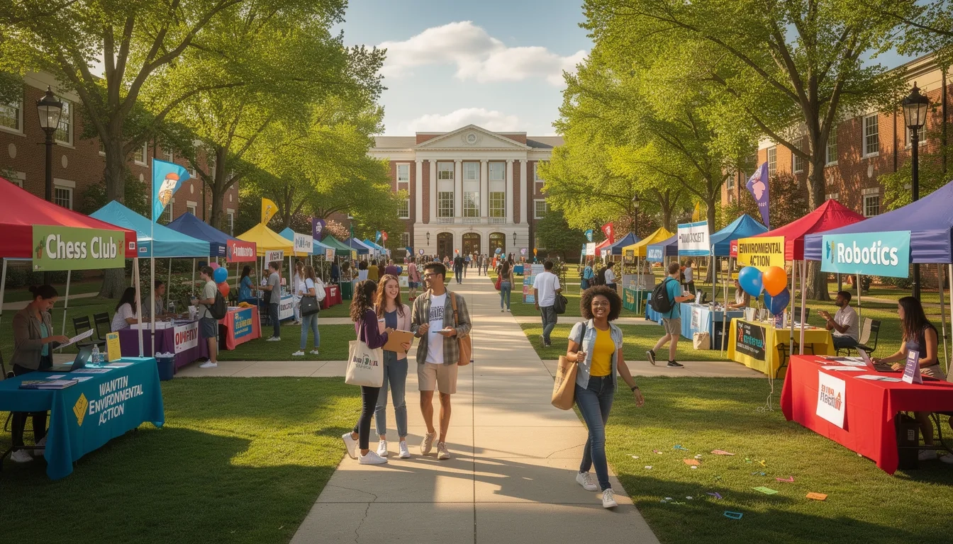 Students at a college involvement fair on a sunny campus quad