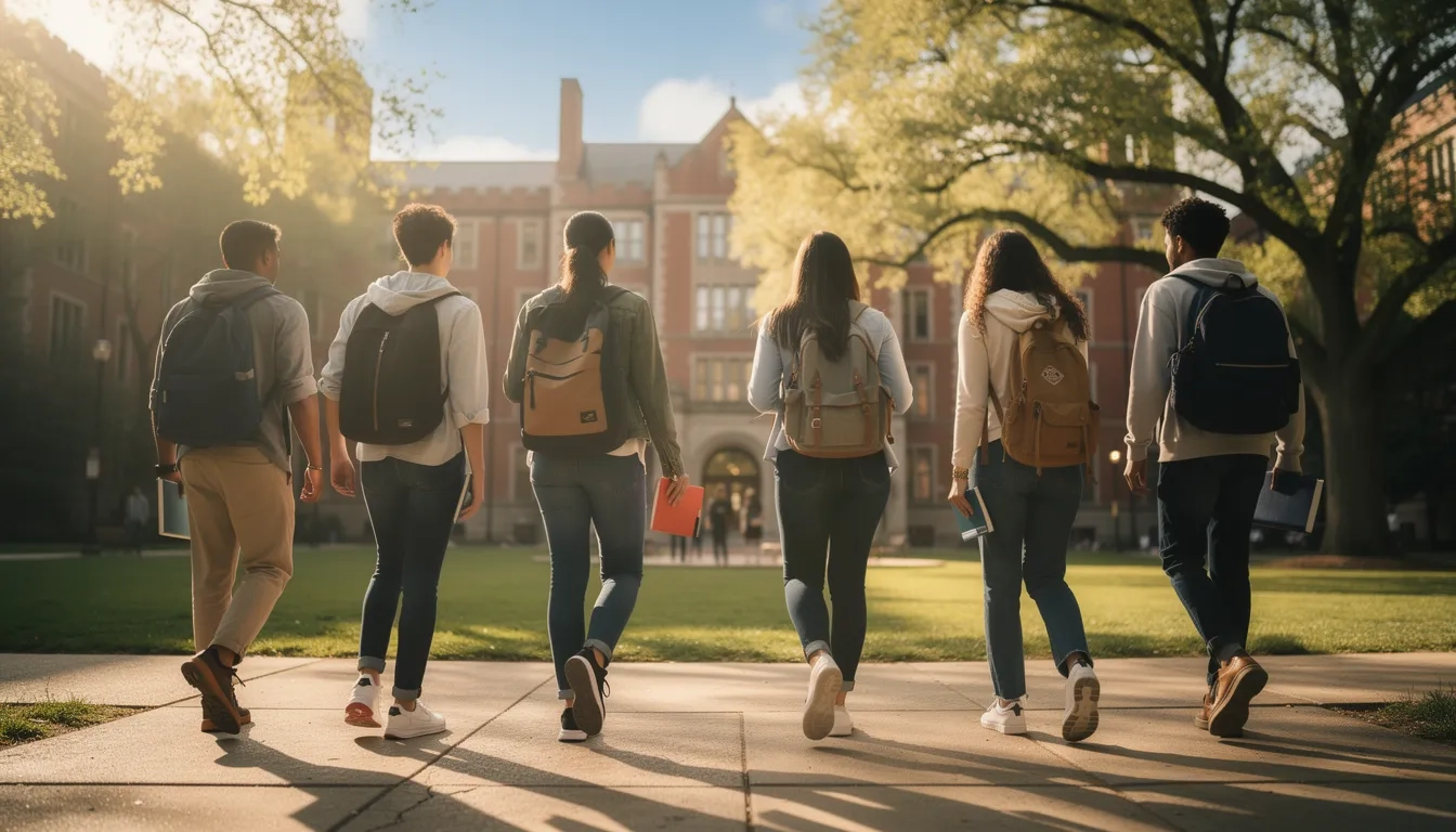 Students walking across a college campus toward their futures