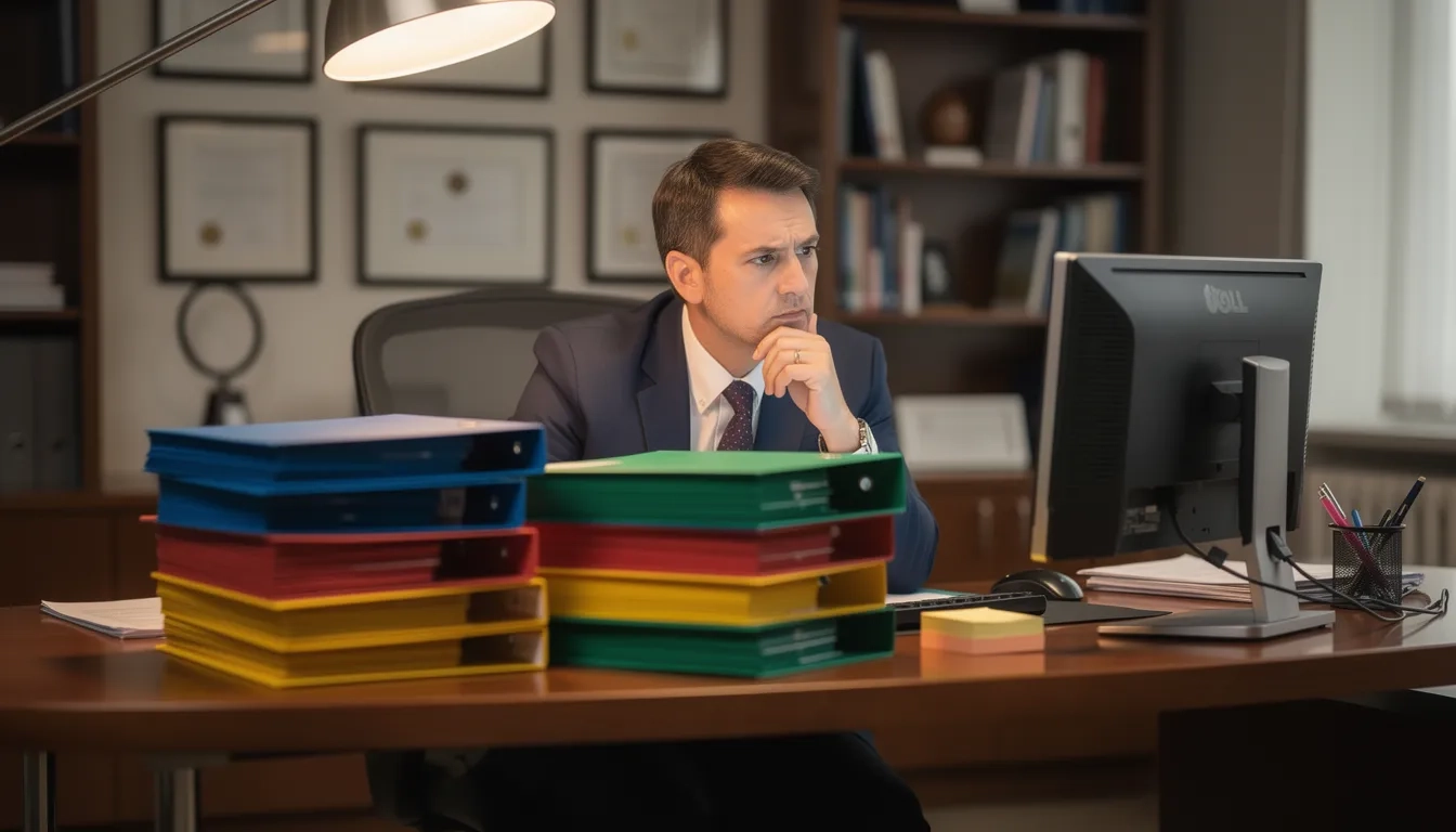 College admissions officer reviewing application folders at a desk