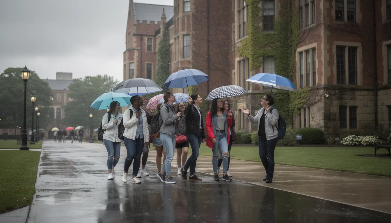 College tour group walking in the rain across a Northeast campus