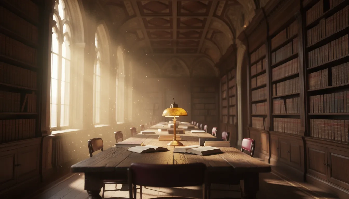 Sunlit university library reading room with tall bookshelves