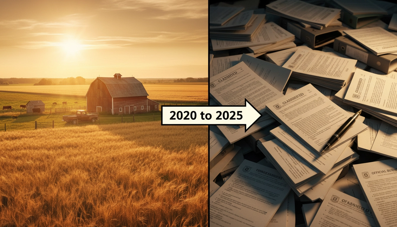 Split scene of a family farm and government legislation documents representing the FAFSA Simplification Act