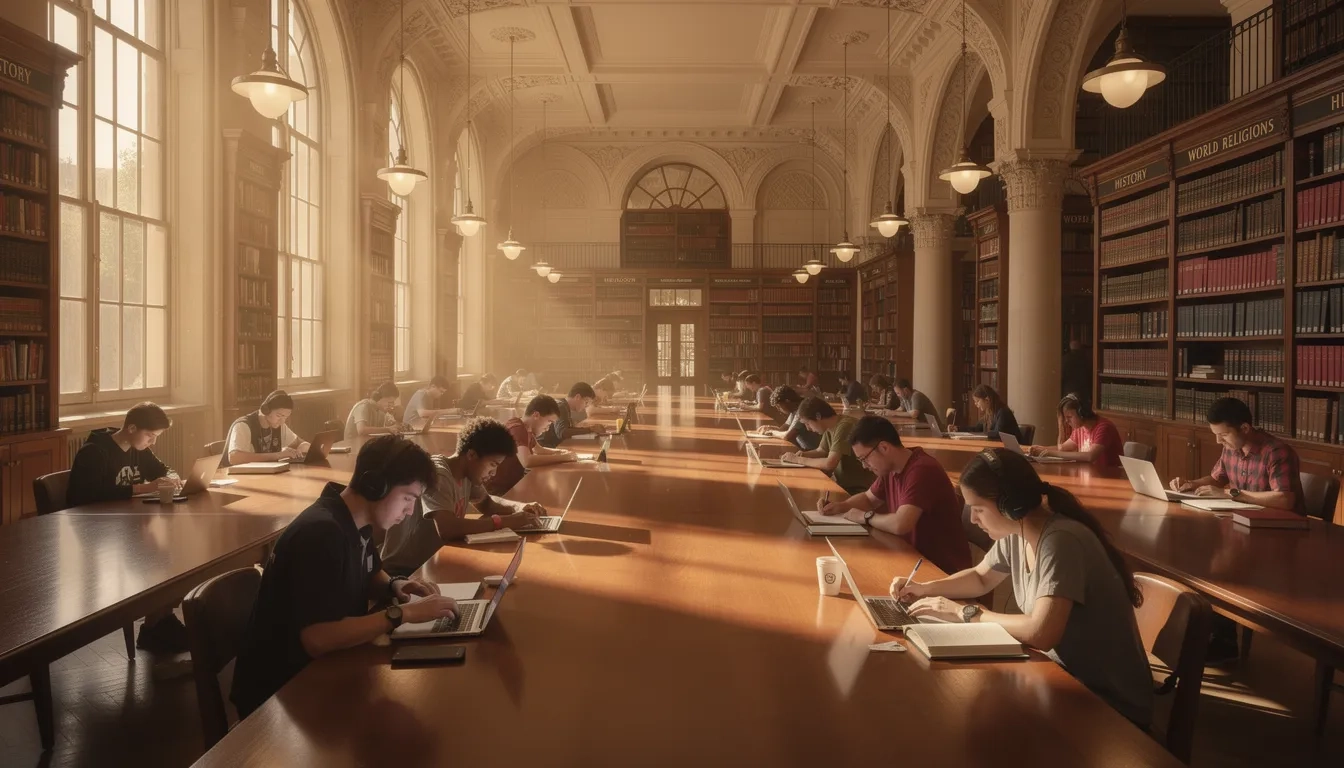 Students studying in a university library with books on world religions and philosophy