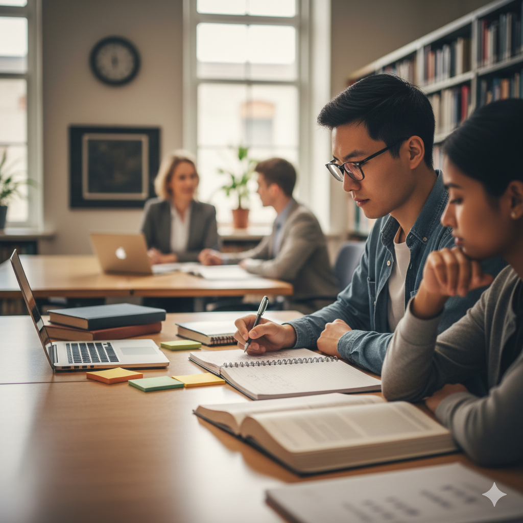 students studying in the library to achieve one of his New Year's goals