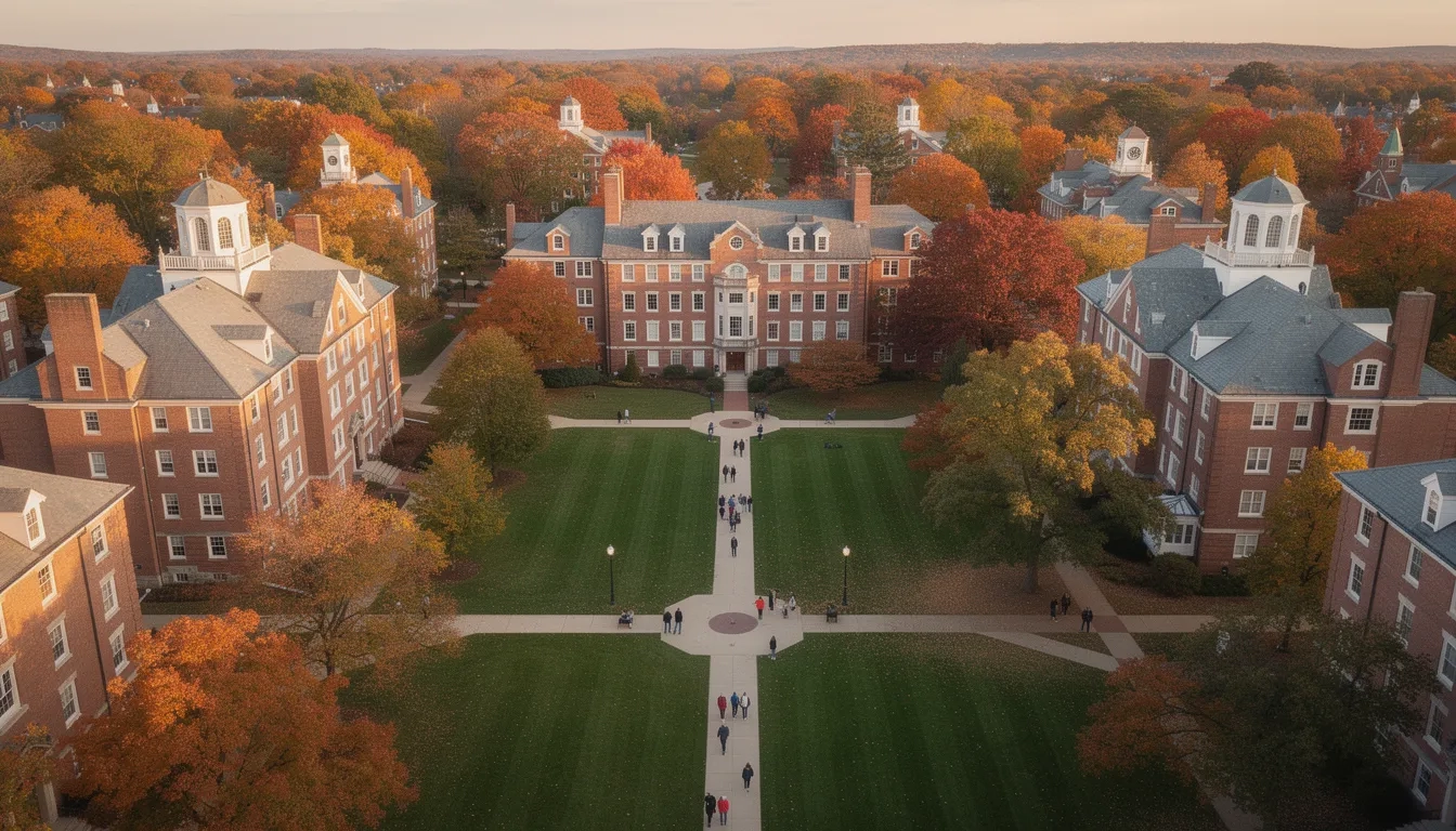 Aerial view of a New Jersey college campus in fall
