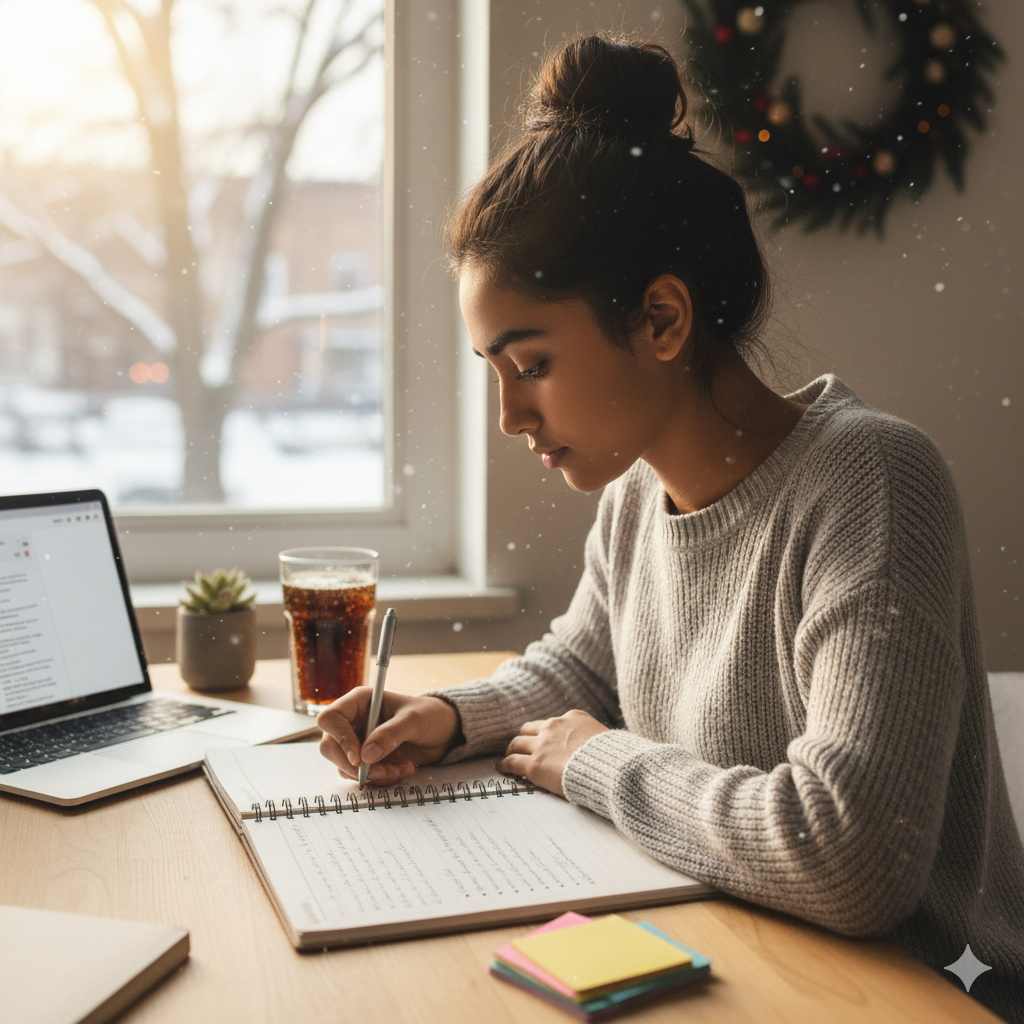 student writing her New Year's Resolutions
