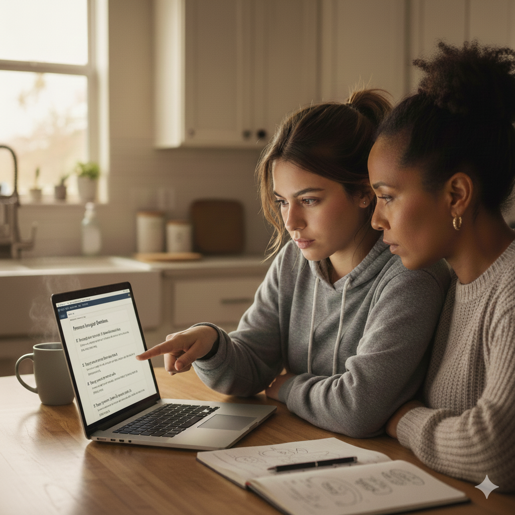 Mom and teen reviewing the UC application PIQ essay questions