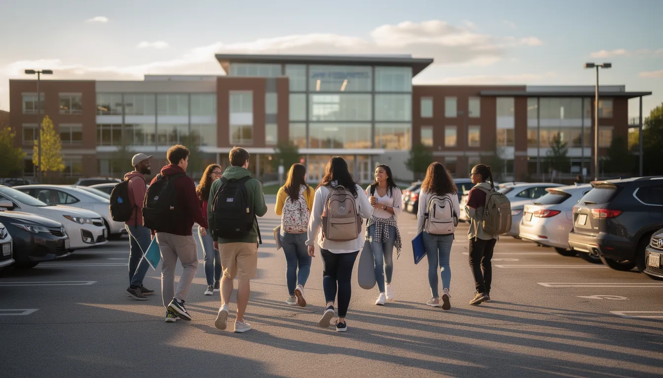 A diverse group of college students walking through a campus parking lot carrying backpacks, with university buildings in the background