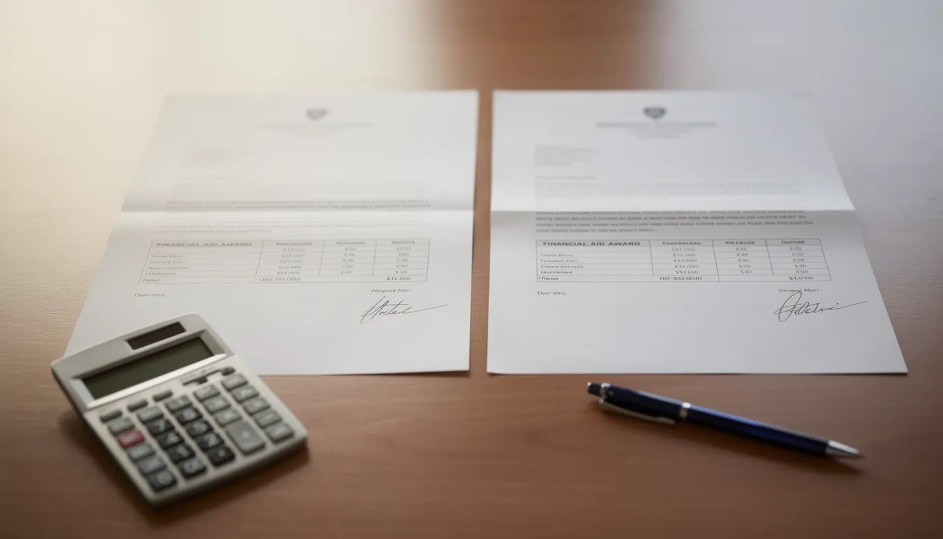 Two financial aid offer letters placed side by side on a desk with a calculator