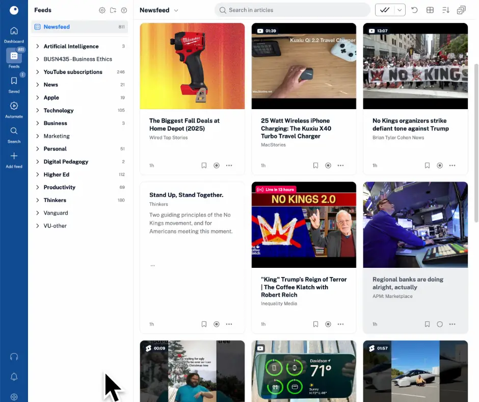 Screenshot of the Inoreader RSS website with folders on the left (AI, YouTube, News, Personal, etc.) and images/headlines on the right. 