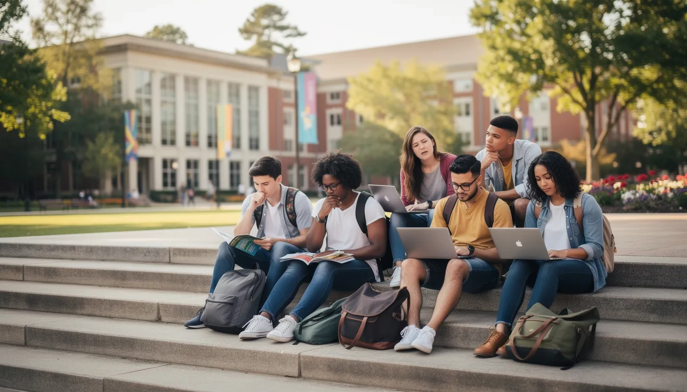 College freshmen looking through course options on campus