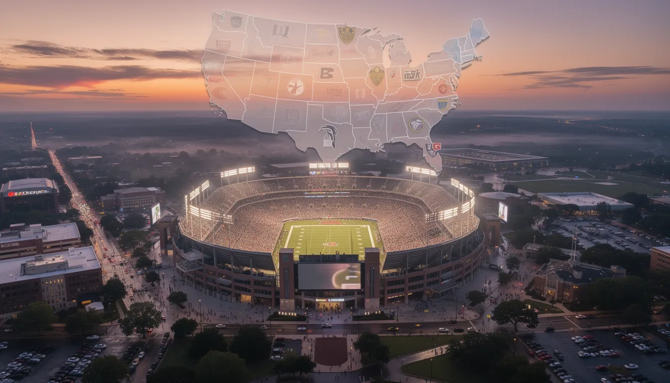 Aerial view of a college football stadium at dusk representing the sweeping changes of conference realignment
