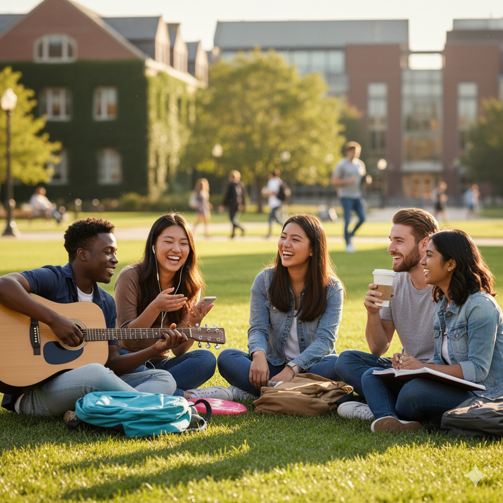 students hanging out on college campus