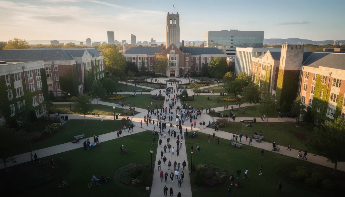 Aerial view of a busy university campus quad filled with students