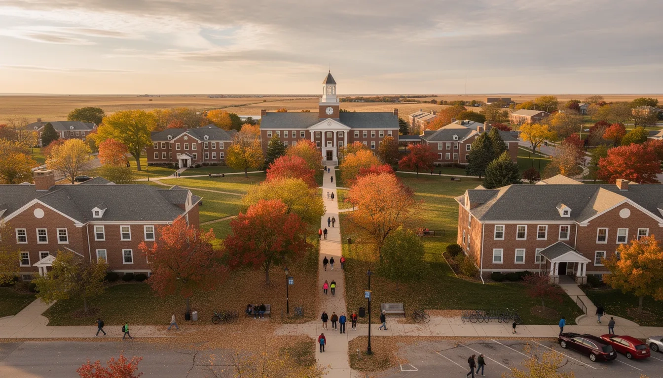 Nebraska college campus aerial view in autumn