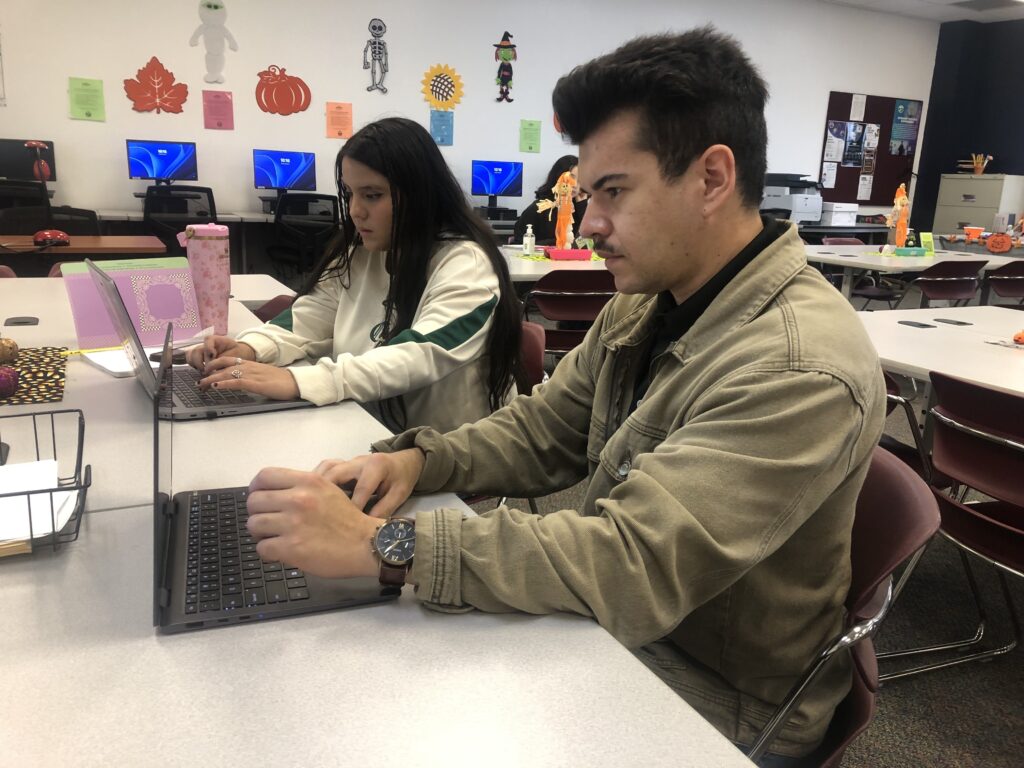 A student and tutor work together in the tutoring center at El Paso Community College's Mission del Paso campus on Oct. 13, 2025.