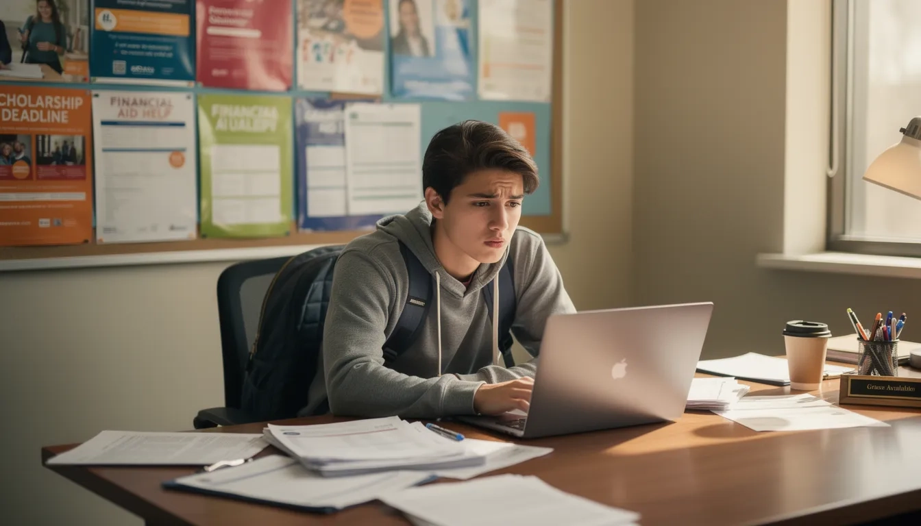 Transfer student reviewing financial aid paperwork at a college office
