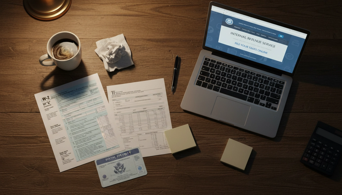 Organized documents needed for FAFSA including W-2, bank statements, and Social Security card laid out on a table