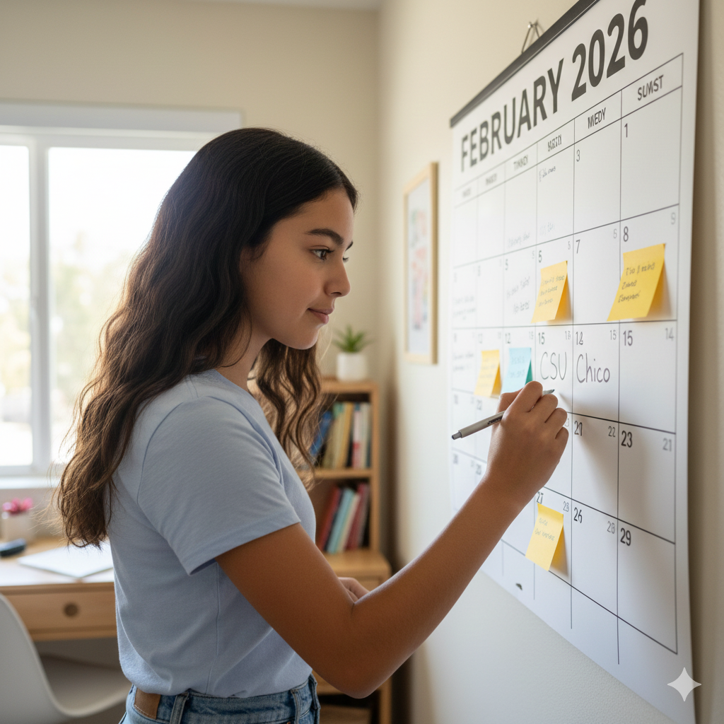 student writing on her wall calendar - not too late to plan your future