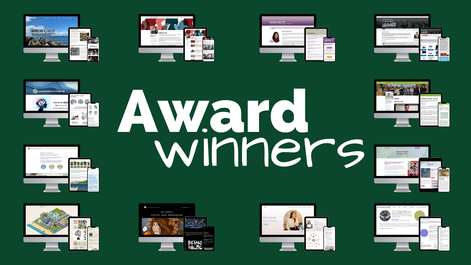 2025 award winners of the personal academic websites contest hosted by Jennifer van Alstyne of The Social Academic. On this graphic are 12 award winning websites from this year's entries.