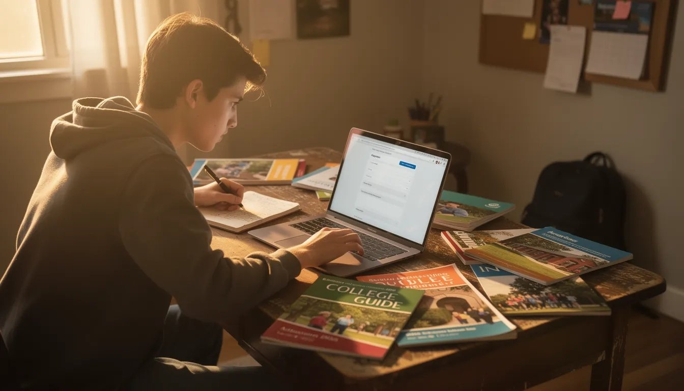 High school student reviewing college application prompts on a laptop surrounded by brochures