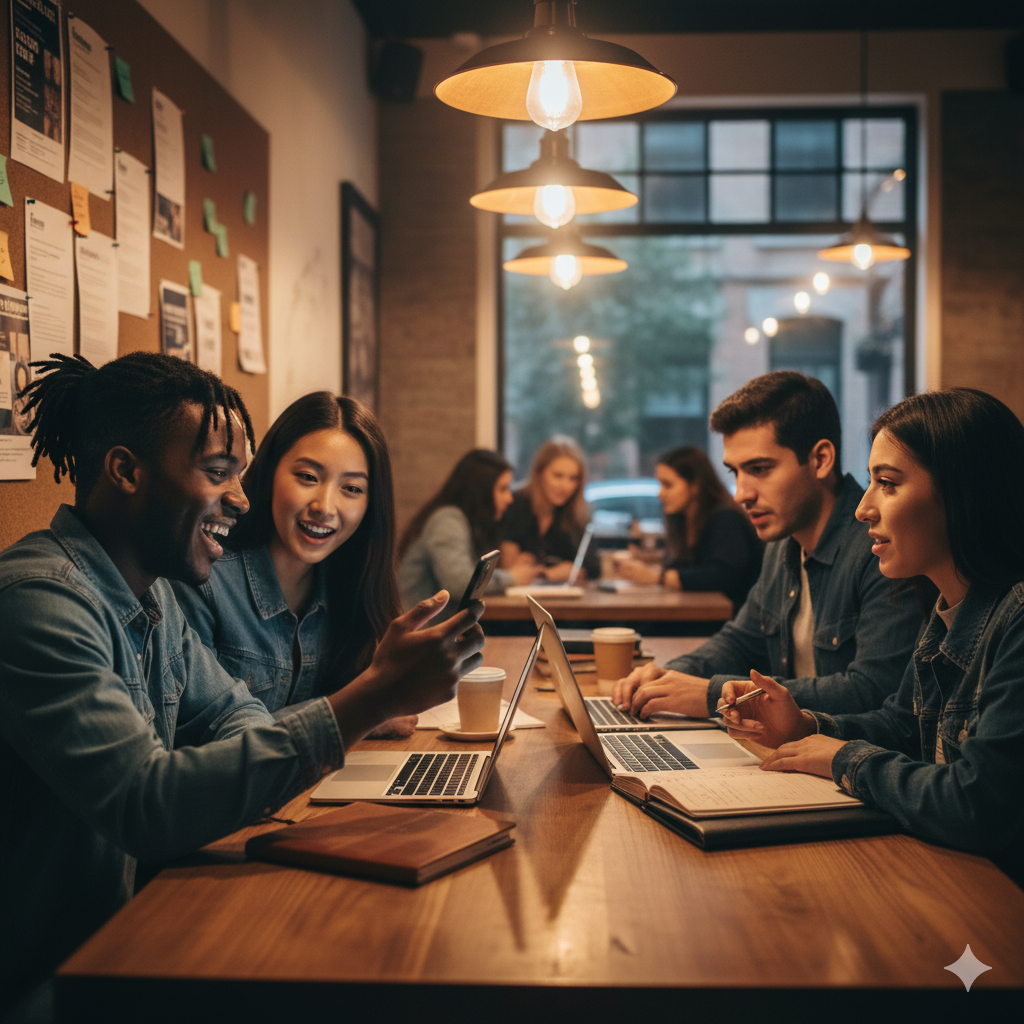 students sitting together with their laptops at a coffee shop, celebrating after achieving their New Year's goals