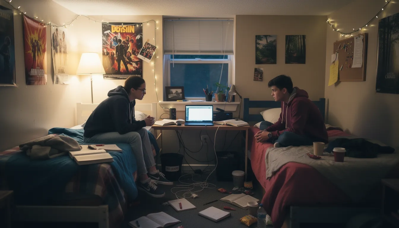 Two college roommates sitting on their separate beds in a small dorm room, visibly uncomfortable with each other