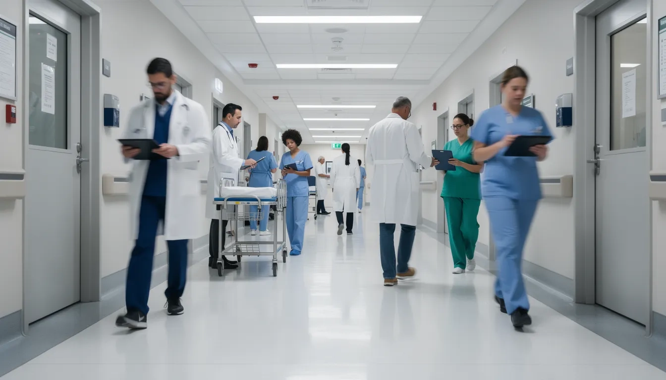 Healthcare professionals walking through a busy hospital corridor