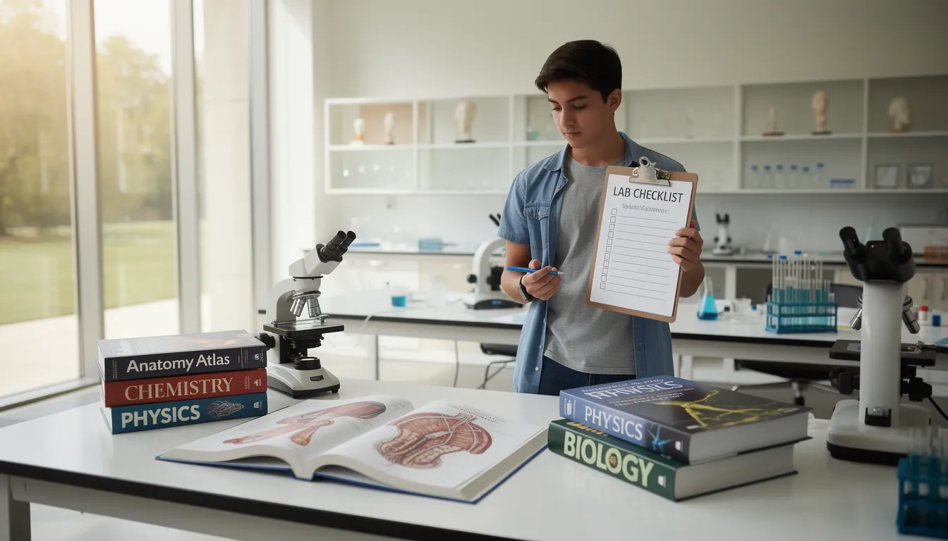 College science lab with pre-requisite textbooks for DPT programs