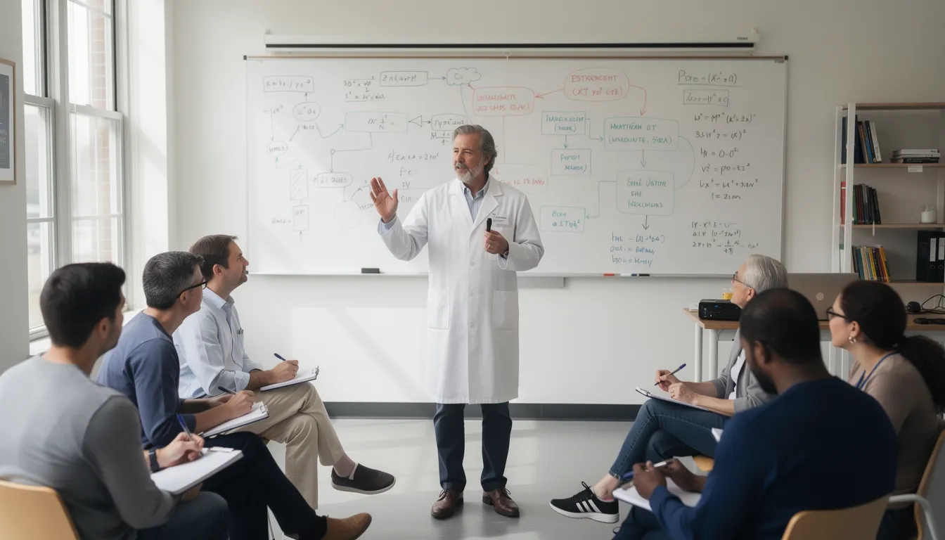 Scientist presenting research to a general audience in a university setting