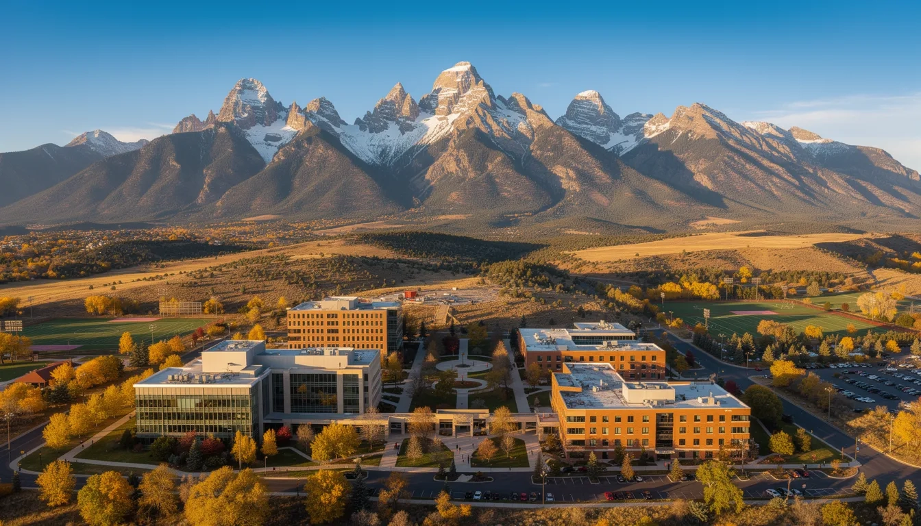 Colorado university campus with Rocky Mountain backdrop