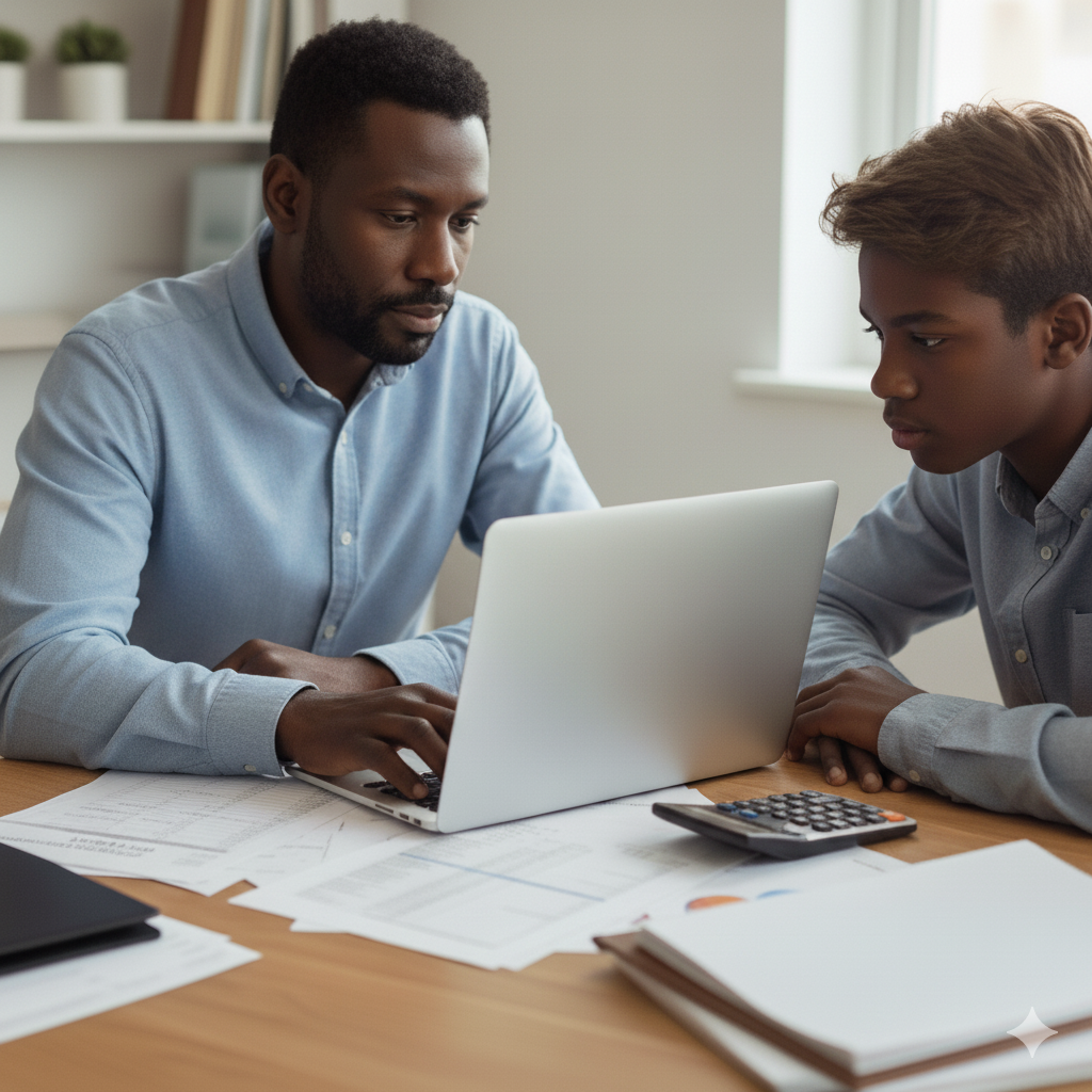 Father and son working on the FAFSA and CSS Profile