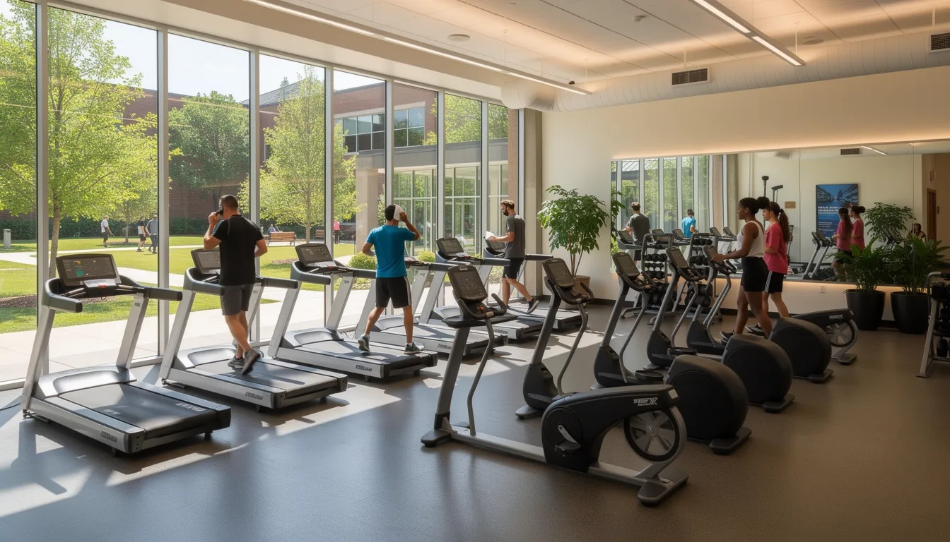 Students working out in a modern university recreation center with large windows and natural light