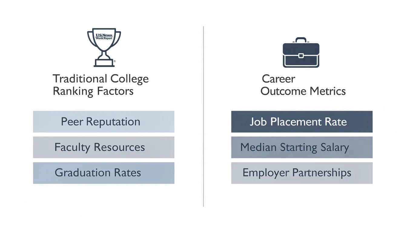 Infographic comparing traditional college ranking criteria versus career outcome metrics