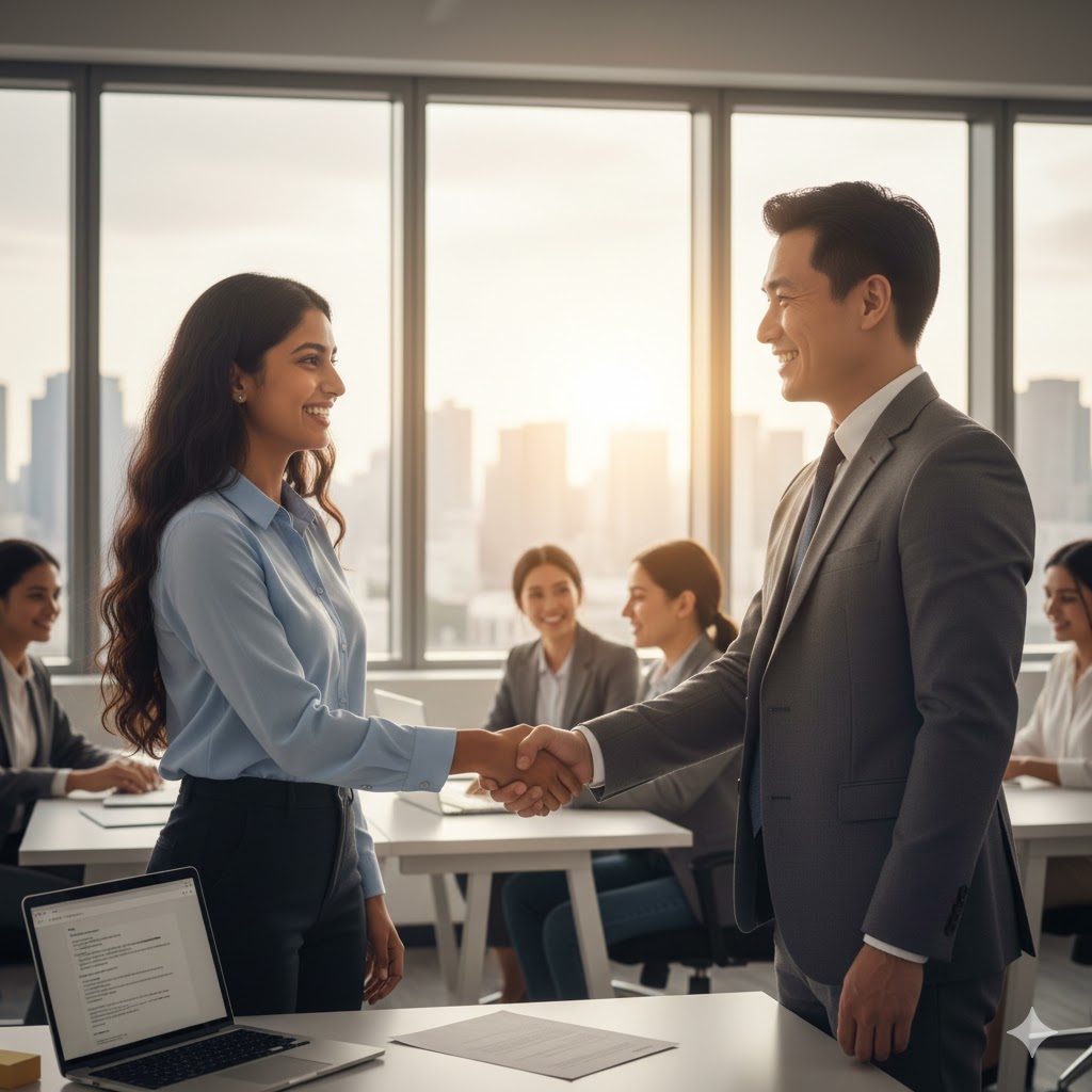 student shaking hands with her interviewer after getting hired for an internship