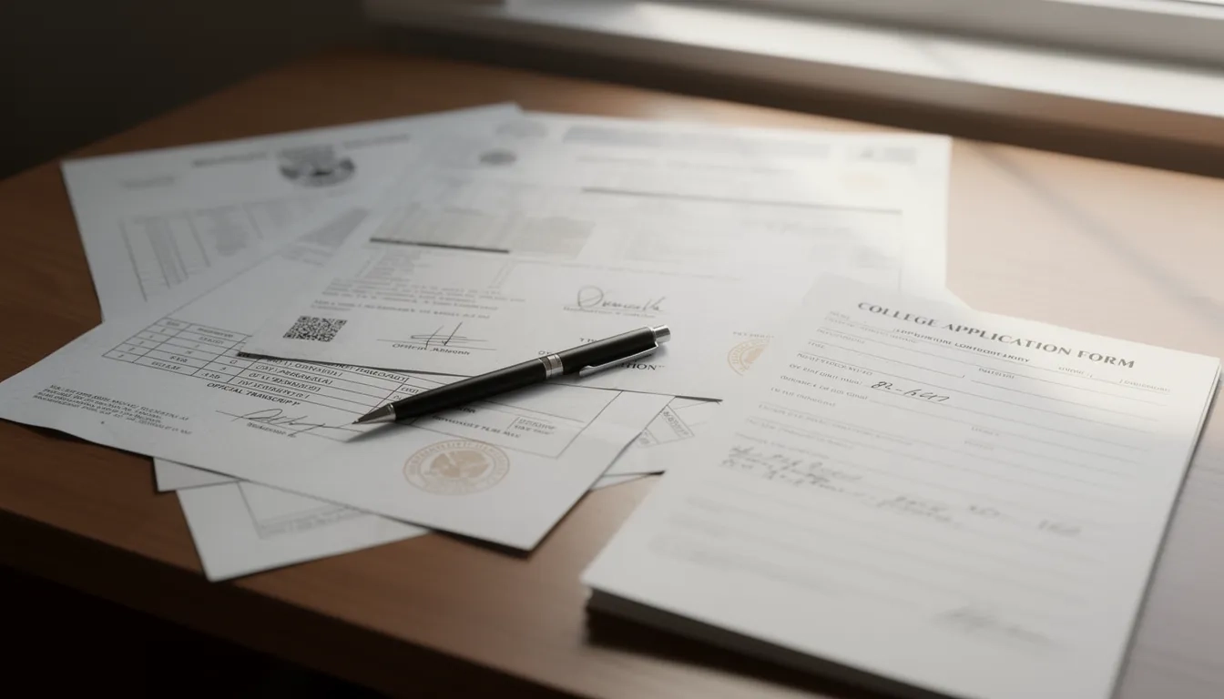 Military transcripts and college application documents on a desk