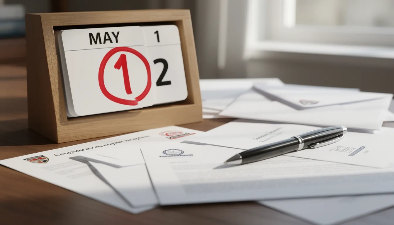 Calendar with May 1 National Candidate Reply Date circled next to college acceptance letters
