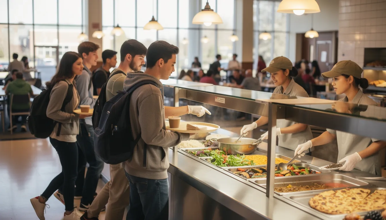 Students selecting food in a busy college dining hall cafeteria line