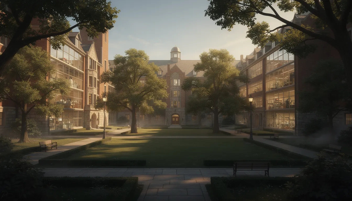 Sunset view of a university quadrangle with academic buildings on either side of a tree-lined lawn