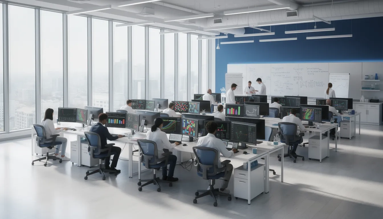 University biostatistics research lab with students analyzing biological data