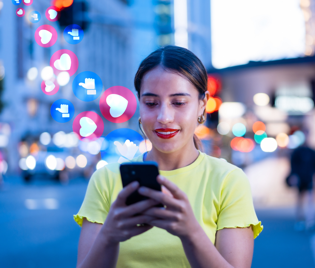 student on mobile phone liking posts