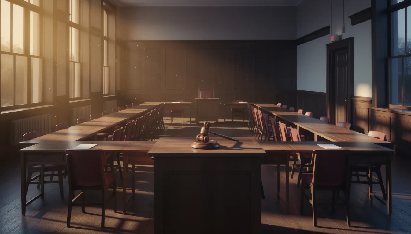 Empty school council chamber with wooden desks and podium lit by golden light