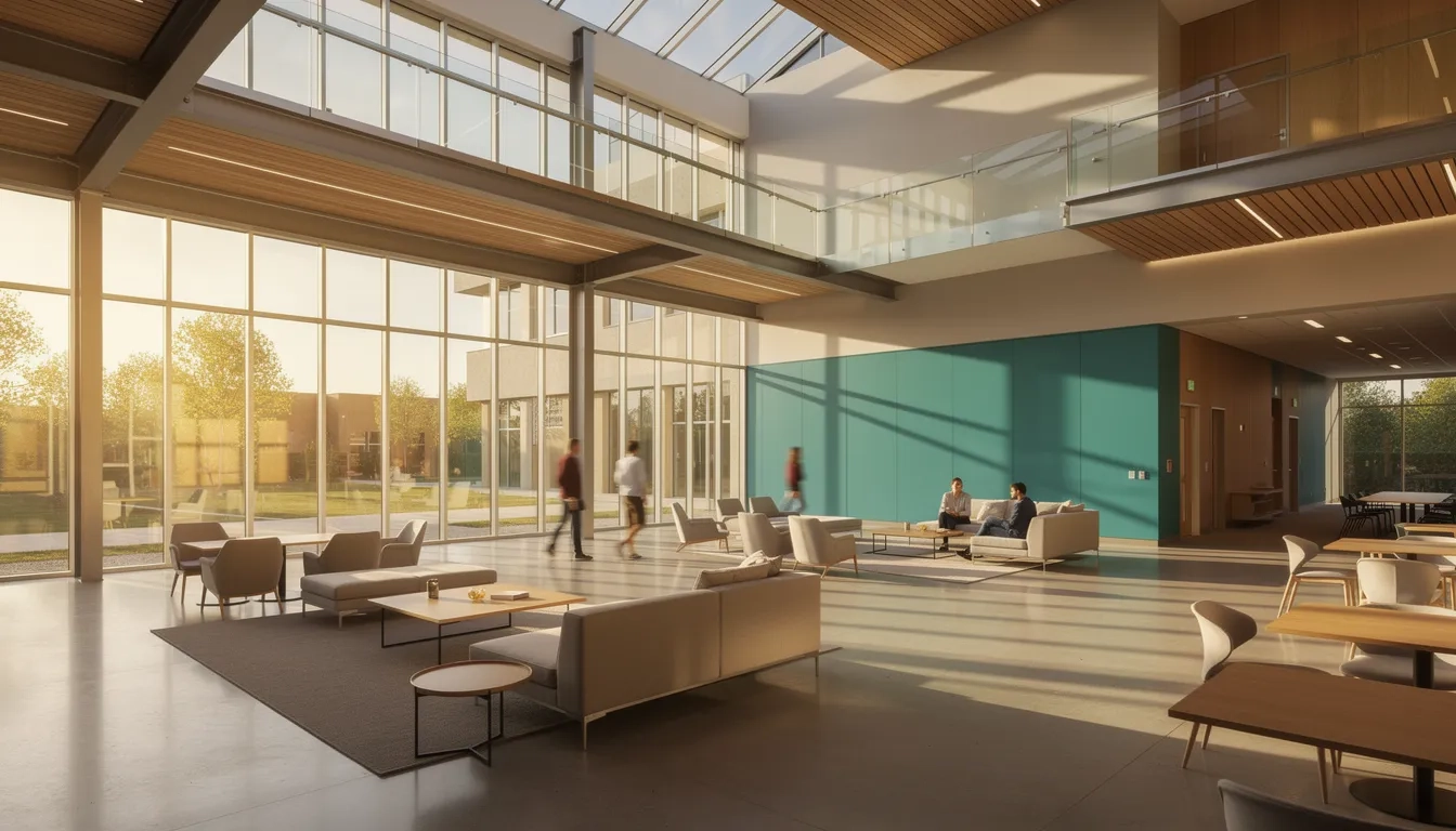 Modern university atrium with contemporary architecture and warm natural lighting