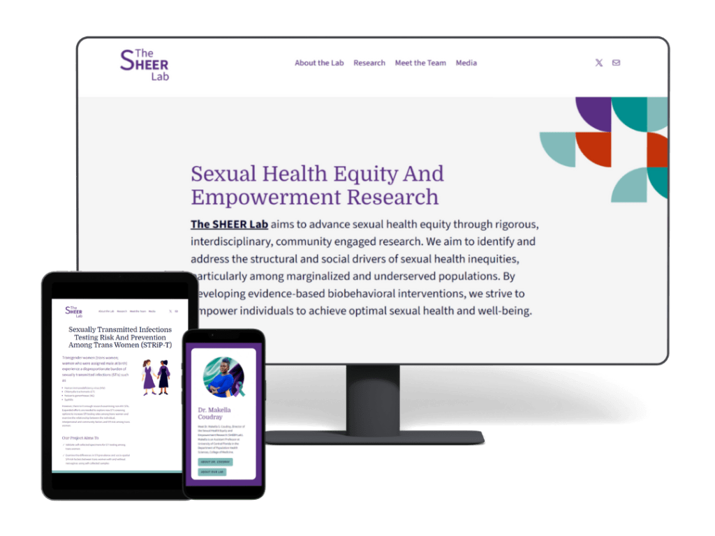 The SHEER Lab website, a research lab website for public health research designed by Jennifer van Alstyne of The Academic Designer LLC. This graphic shows the website on desktop, tablet, and mobile screens.